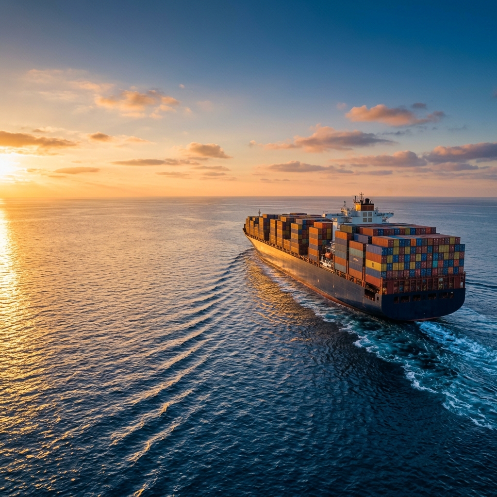 Cargo ship sailing across the ocean at sunset